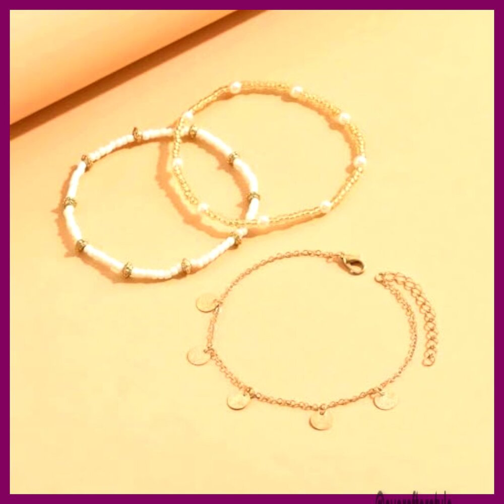 Gold Plated Adjustable Anklet Set, Shell Bead Boh… - image 5